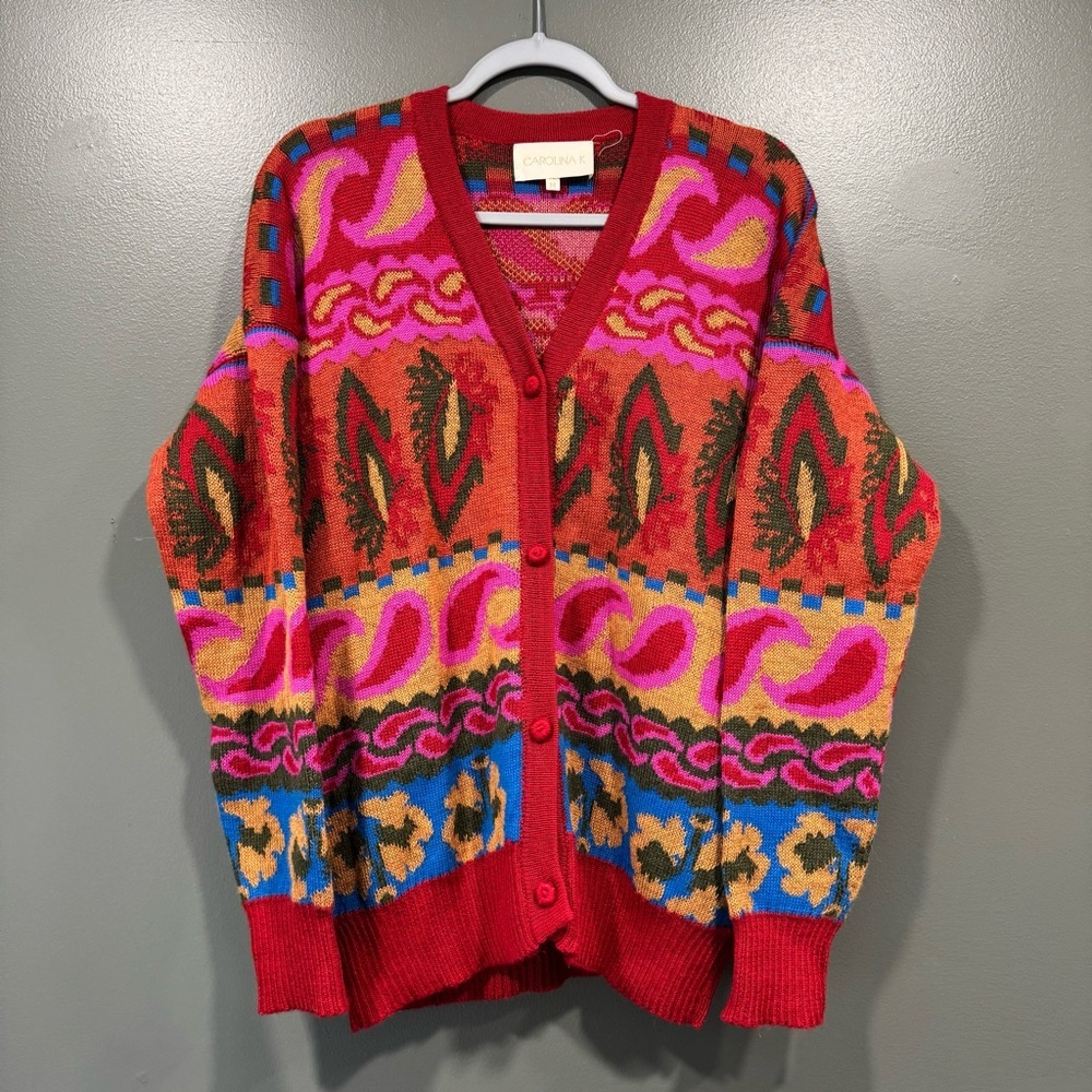 Carolina K Size‎ M 100% Alpaca Wool Paisley Bright Western Cardigan Sweater